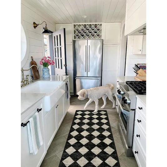 Washable Black and White Kitchen Rug