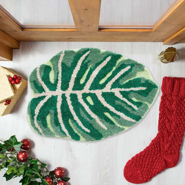 Green Leaf Plush Irregular Shaped Area Rug